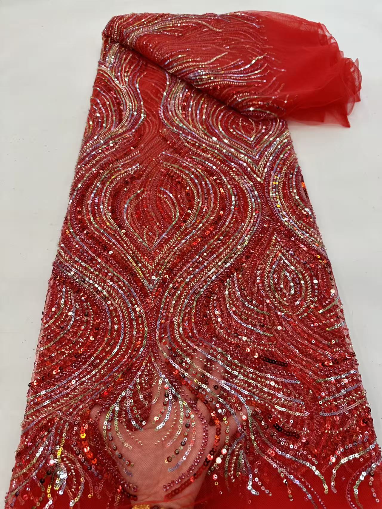 Embroidery Underlay - Luxury Red African Beaded Mesh Lace