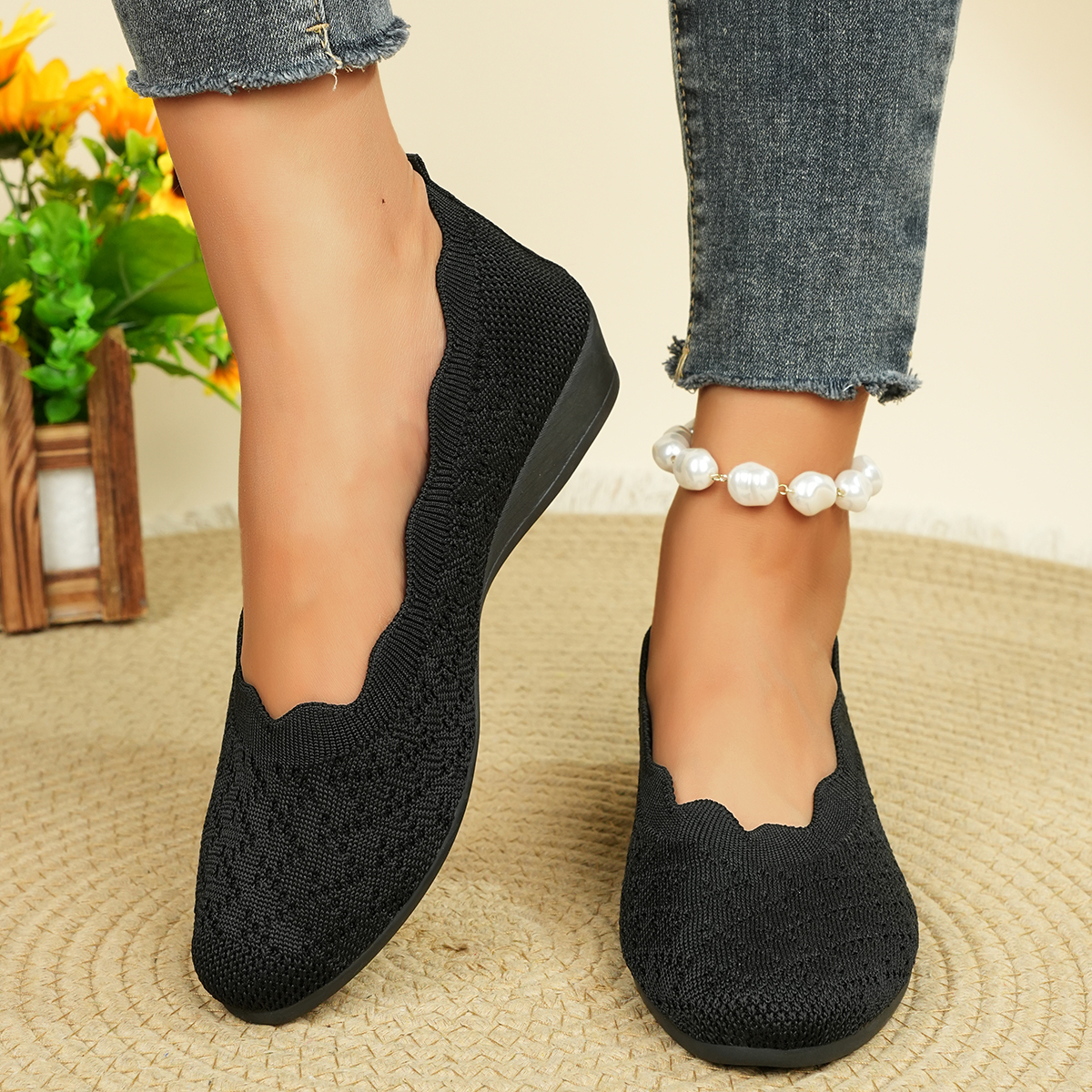 Embroidery Flat Shoes - Women's Breathable Knit Flats 2025 New