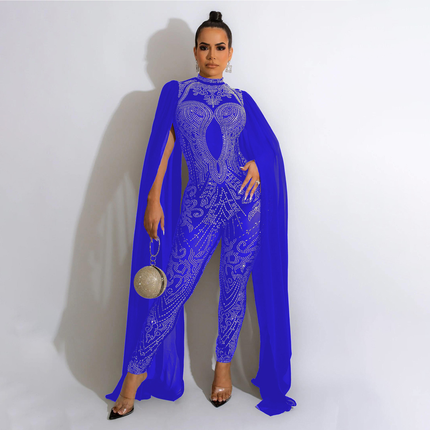 Embroidery Underlay - Shawl sleeve mesh crystal jumpsuit Women's