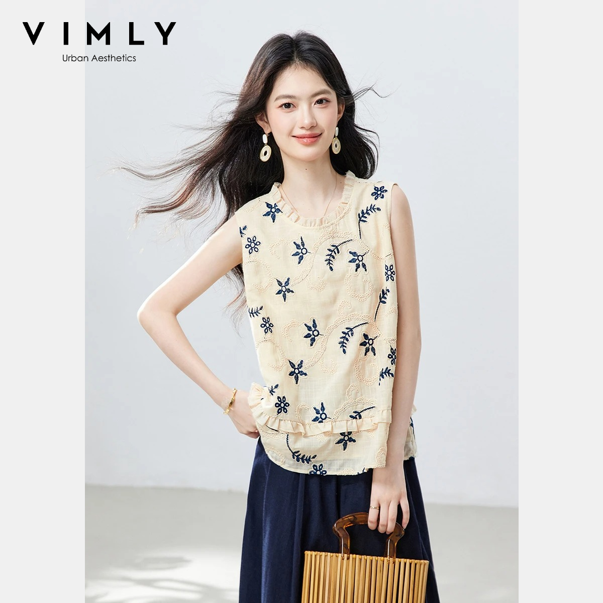 Embroidery Patch - VIMLY Women's Elegant Sleeveless Blouse 2026