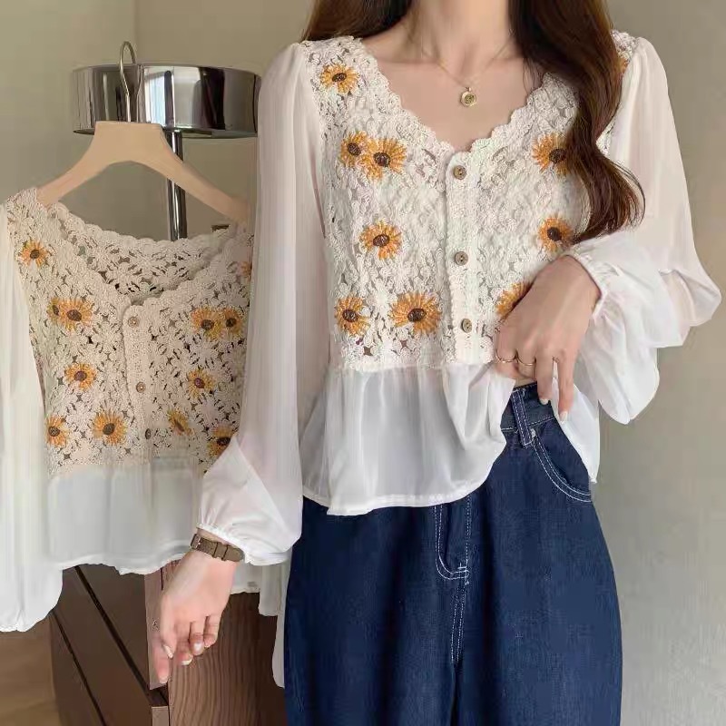 Crochet Top Chiffon Flower Emb - Embroidery Daisy reseña y precio