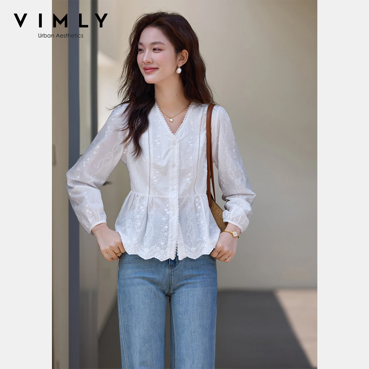 VIMLY Women's White V-Neck Blo - Embroidery Patch reseña y precio